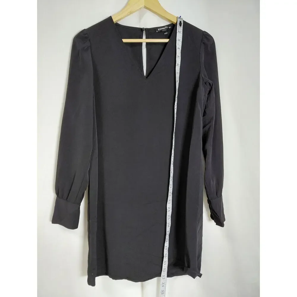 Express Black V-Neck Long Sleeve Gold Button Cuff Shift Dress Women Size XS